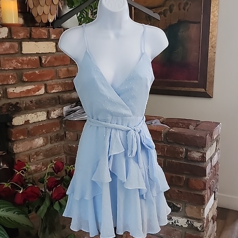 Hello Molly Ice Cold Blue Mini Dress Wrap Ruffle Chiffon